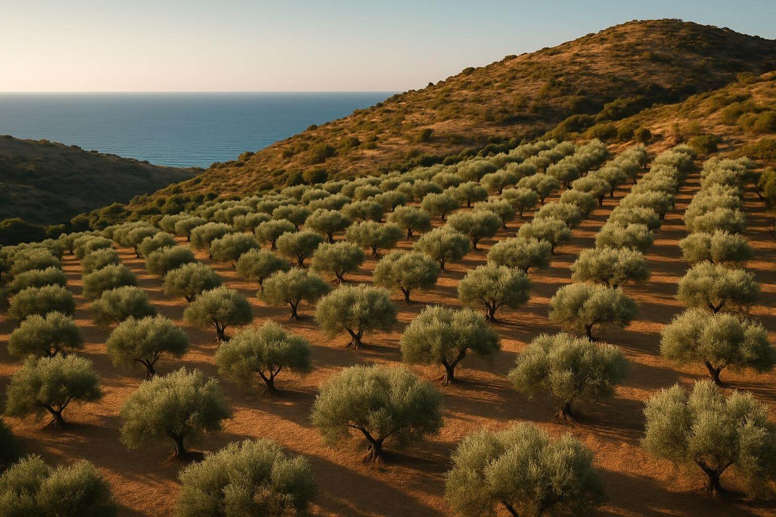 Aerial view of sustainable olive grove in Crete with Mediterranean sea in background