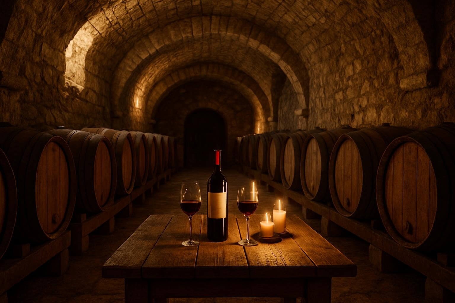 Traditional Croatian wine cellar interior with stone walls wooden barrels and wine tasting setup