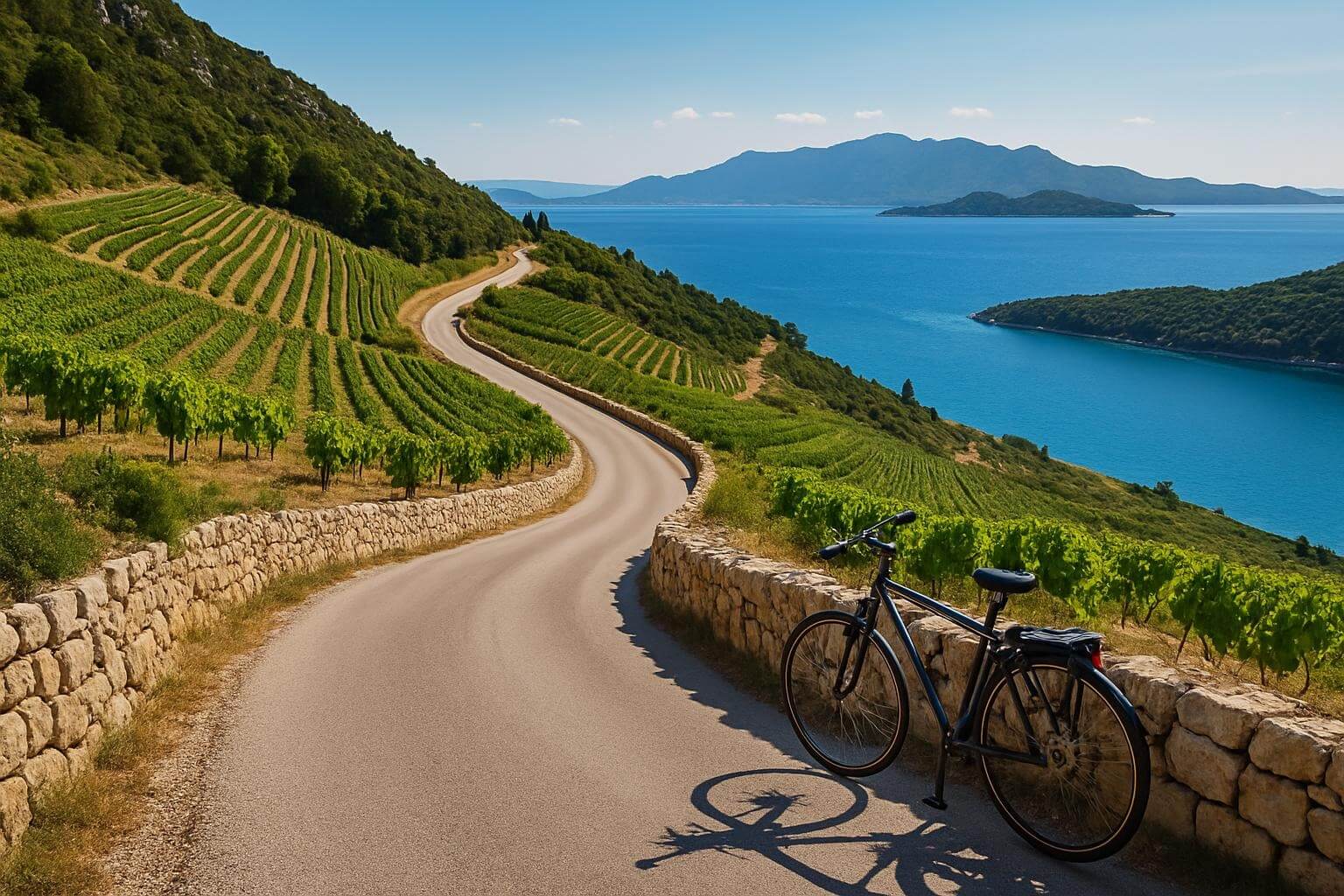 Scenic coastal wine route on Pelješac Peninsula with vineyard views and Adriatic Sea landscape