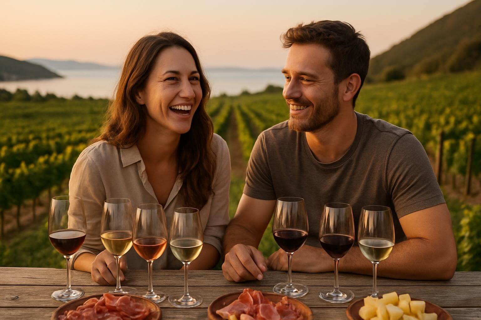 Couple enjoying outdoor wine tasting experience at Pelješac Peninsula vineyard with local food pairings