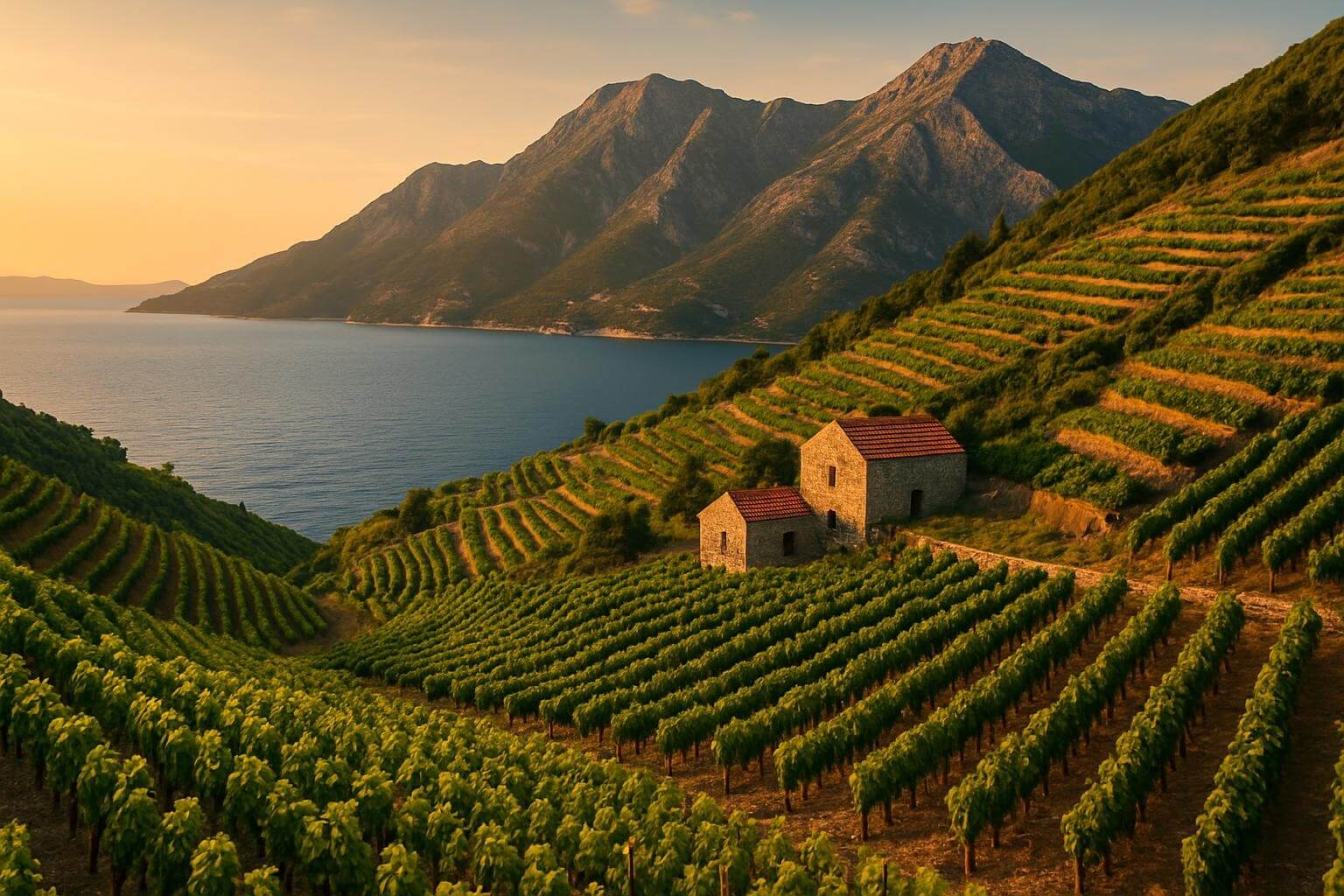 Pelješac Peninsula terraced vineyards overlooking Adriatic Sea at sunset with traditional stone wine cellars