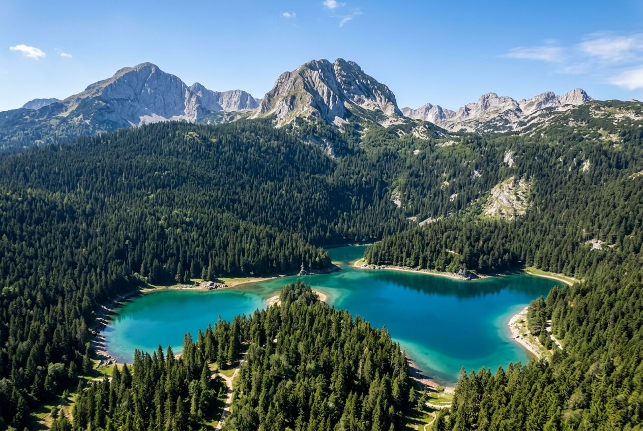 Black Lake (Crno Jezero) surrounded by pine forest and mountains in Durmitor National Park, Montenegro