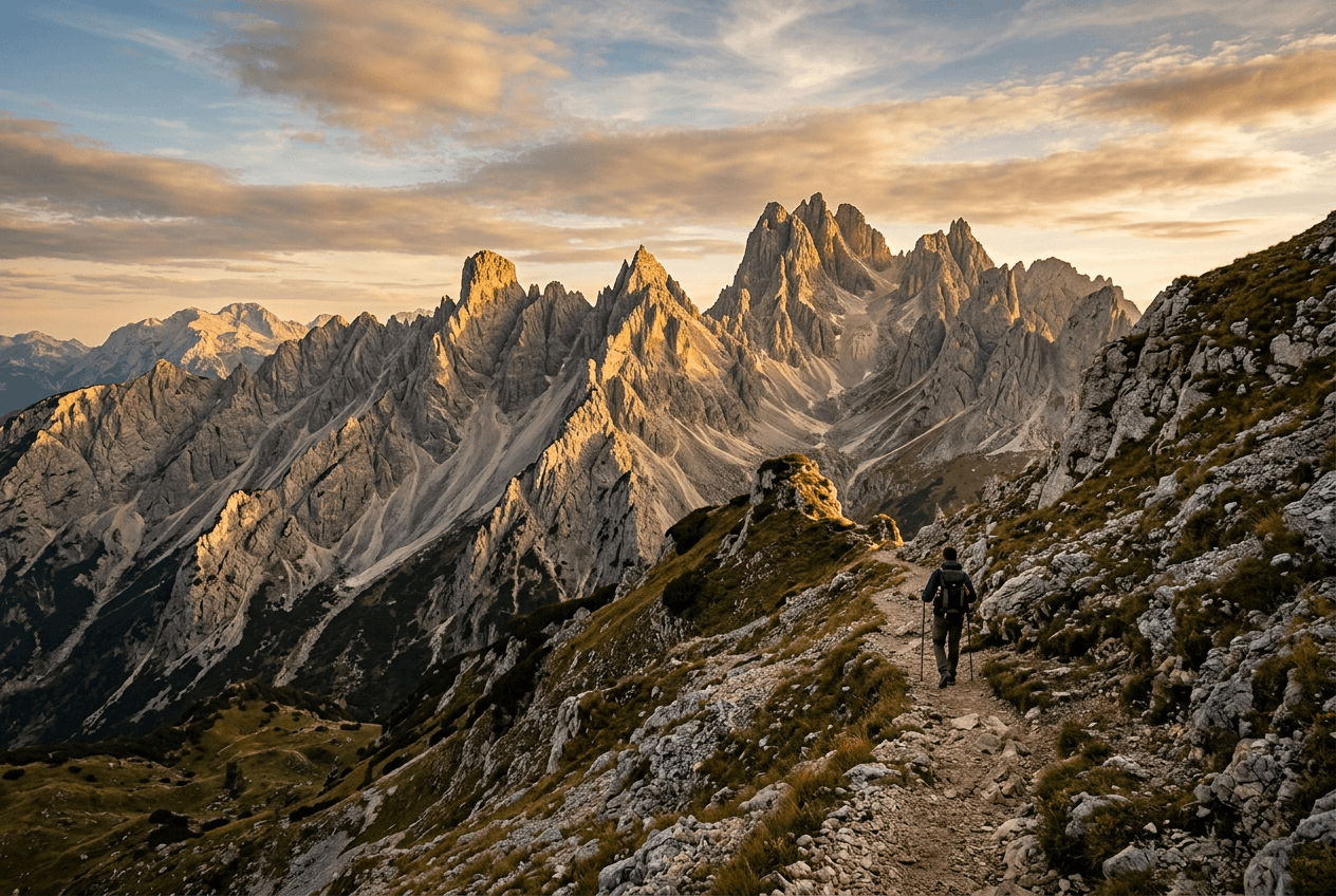 Hiker on a mountain trail with limestone peaks in Durmitor National Park, Montenegro