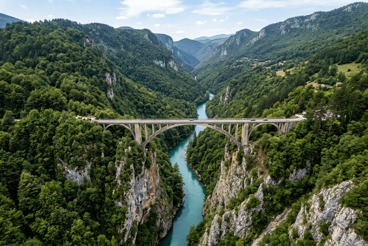 Aerial view of the Tara River Canyon and arched bridge near Durmitor National Park, Montenegro