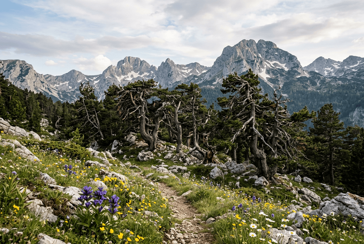 Ancient pine forest and rocky alpine meadow in Durmitor National Park, Montenegro