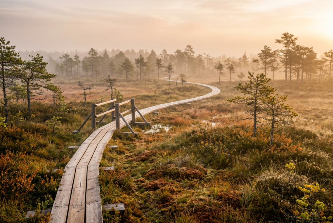 Wooden boardwalk trail crossing the open peat bog of Viru Raba in Lahemaa National Park, Estonia