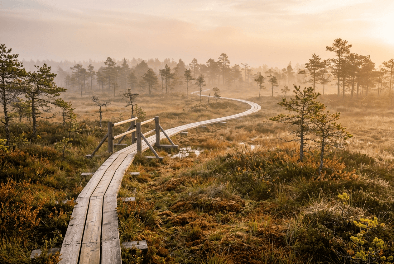 Wooden boardwalk trail crossing the open peat bog of Viru Raba in Lahemaa National Park, Estonia