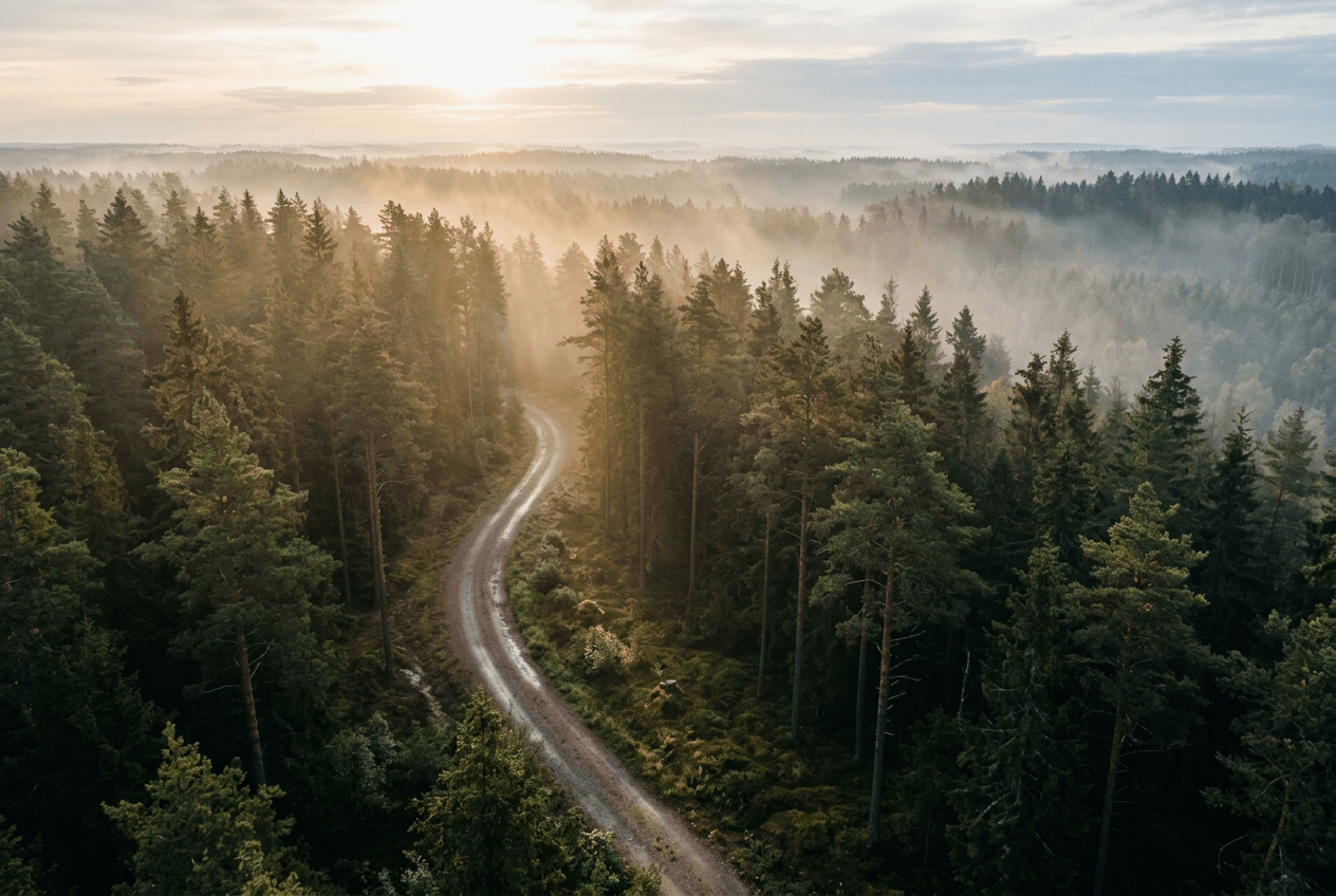 Misty pine forest trail in Lahemaa National Park, Estonia, with morning light filtering through the trees