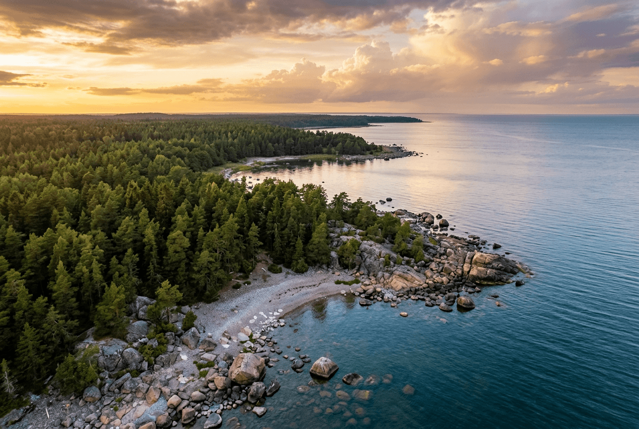 Aerial view of the rocky coastline and pine forest of Lahemaa National Park, Estonia, in golden afternoon light