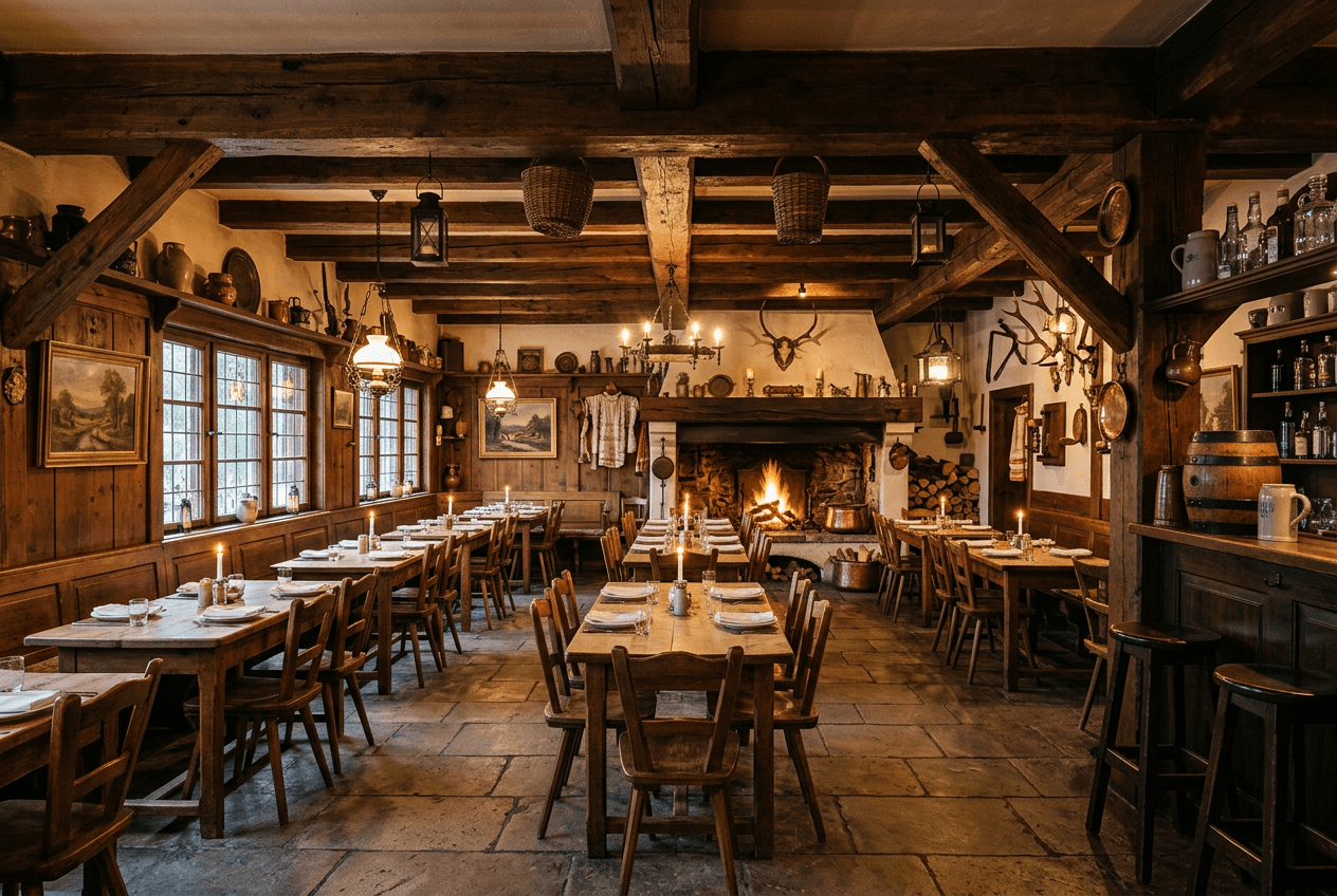 Cozy traditional gostilna dining room interior in Ljubljana, Slovenia, with wooden beams and rustic decor