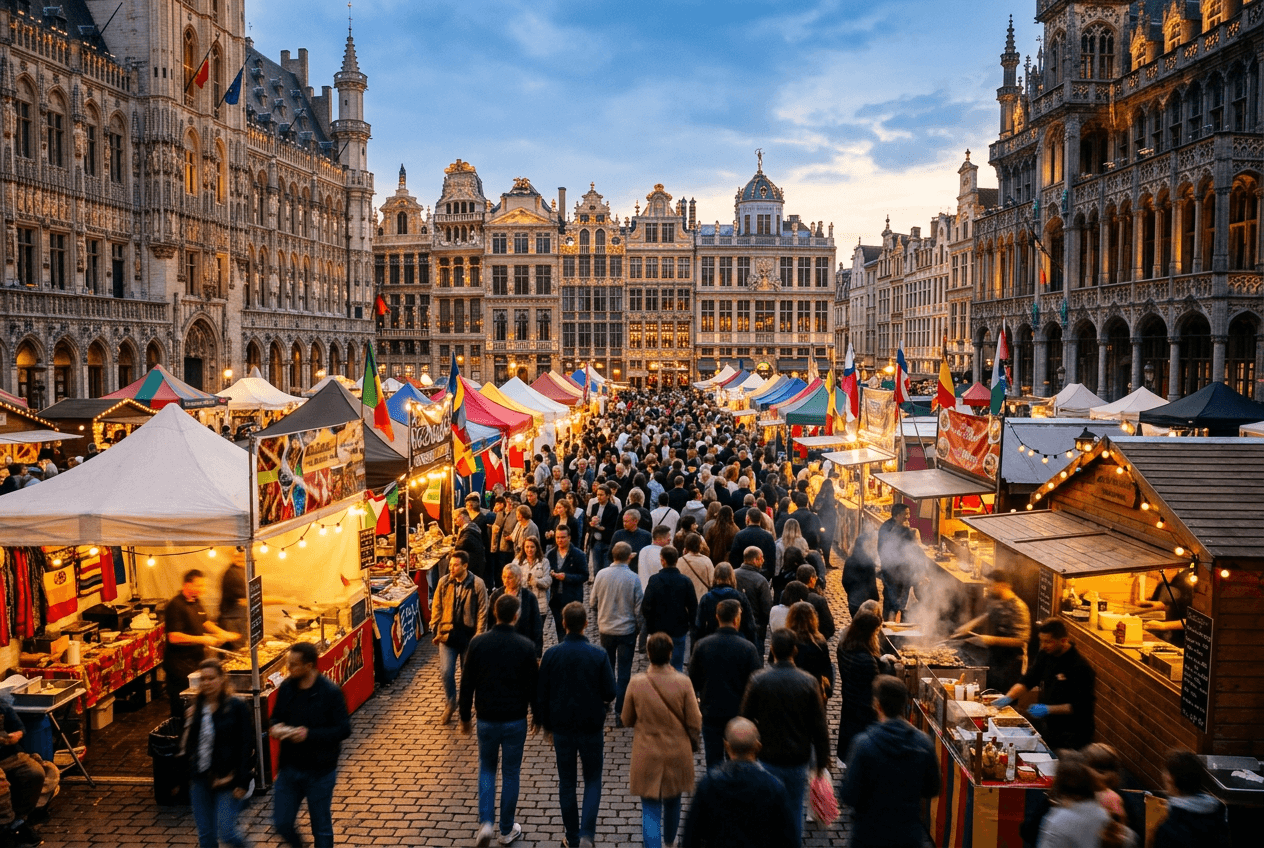 Crowded outdoor food stalls at the Open Kitchen street food market in Ljubljana, Slovenia