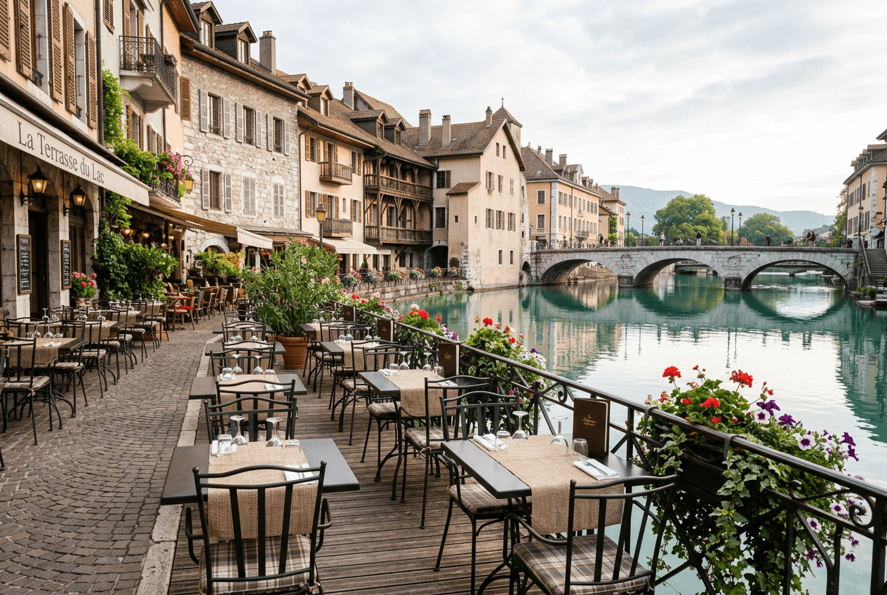 Riverside cafe terrace along the Ljubljanica River in Ljubljana, Slovenia, in soft morning light