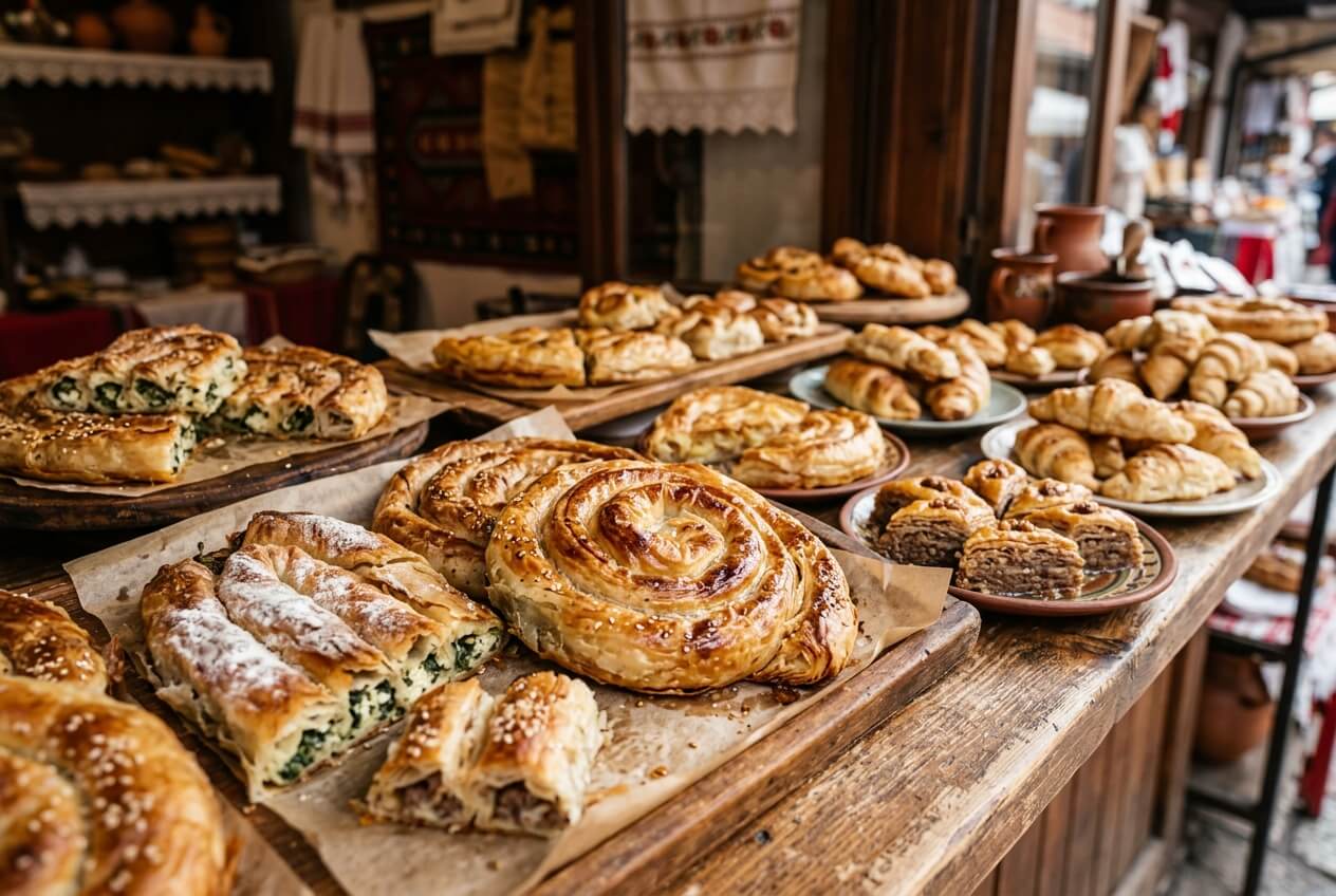 Traditional Slovenian street food stall serving burek pastries in Ljubljana old town