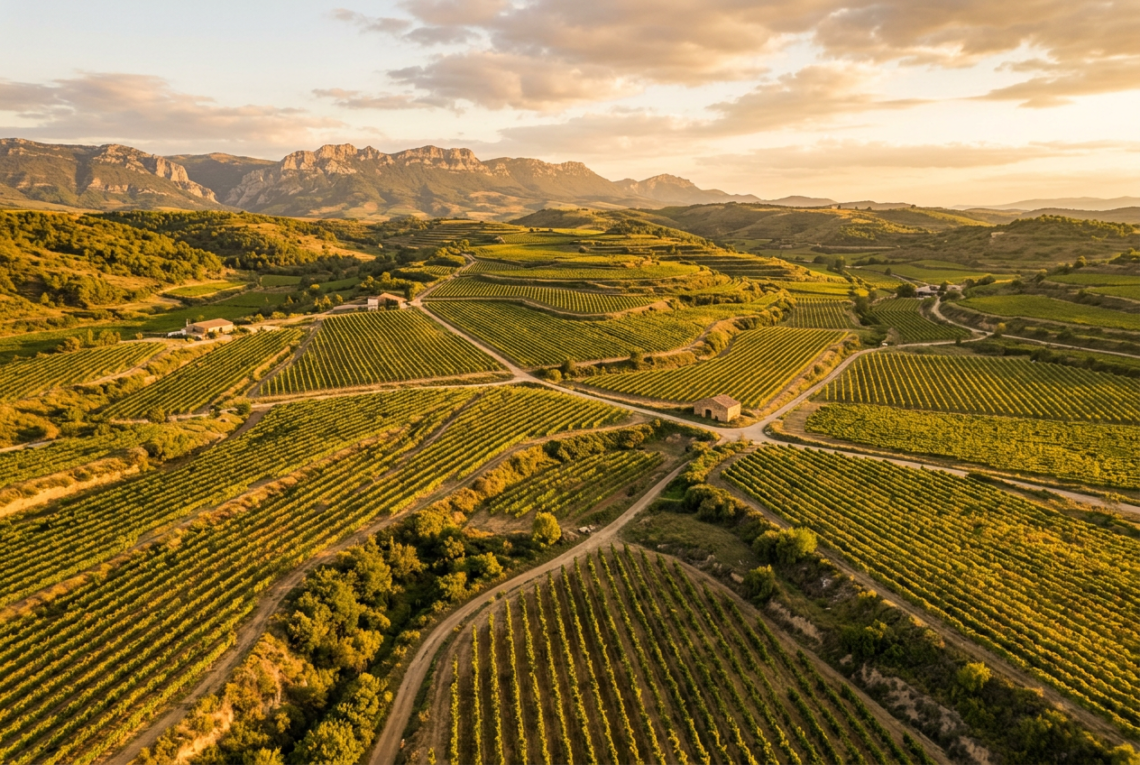 Vineyard rows in La Rioja, Spain at golden hour