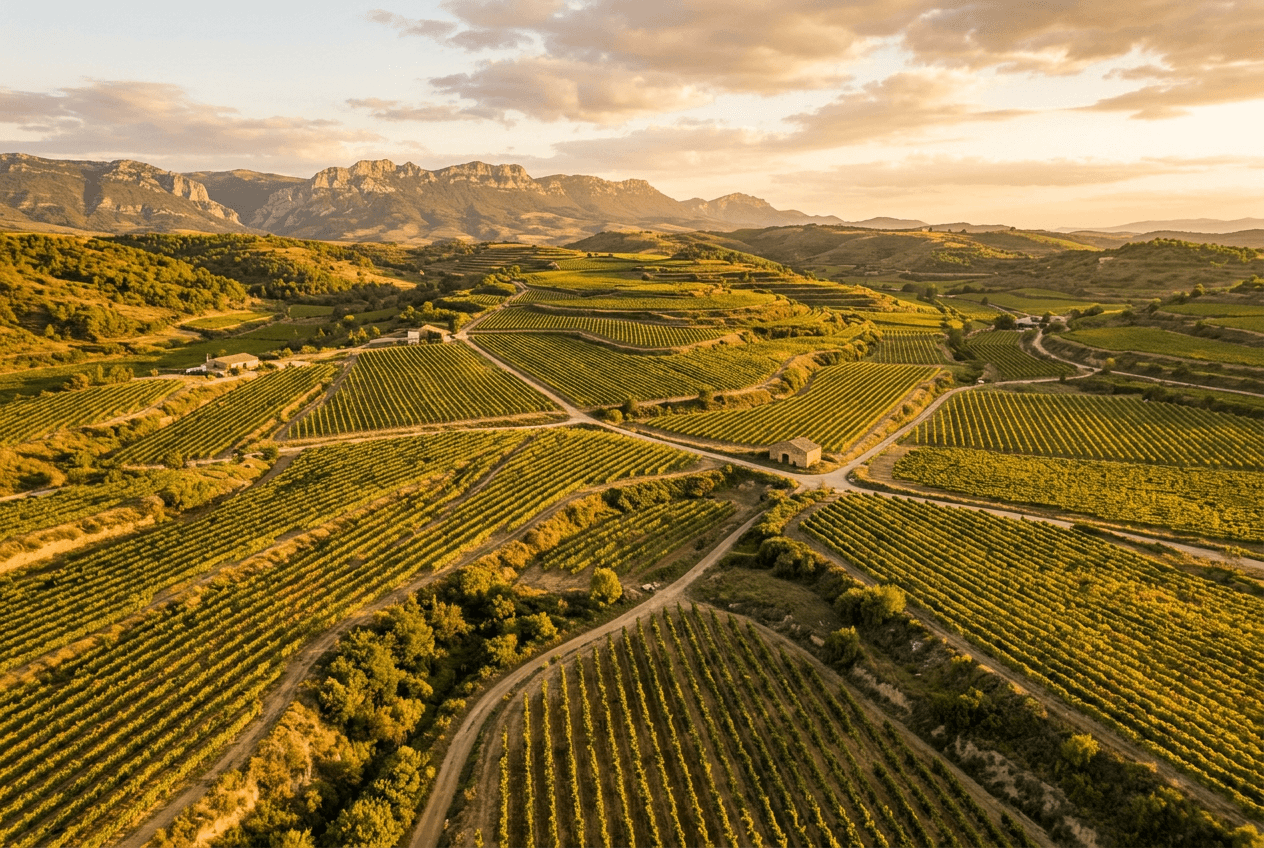 Vineyard rows in La Rioja, Spain at golden hour with hills in the background