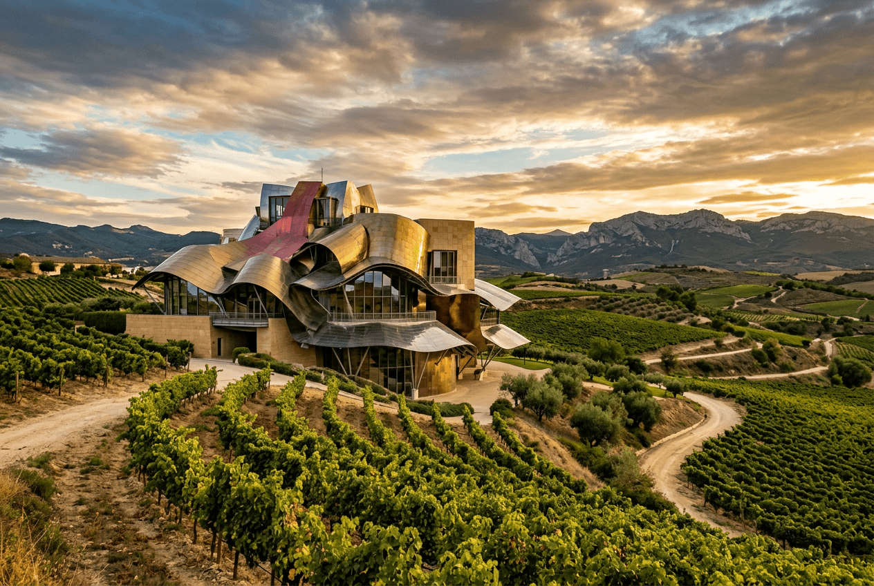 Modern architecturally striking winery building among vineyards in Rioja, Spain