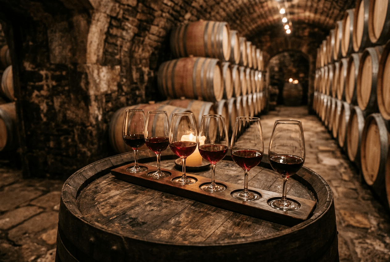 Wine tasting flight of red wine glasses on a barrel in a Rioja winery cellar