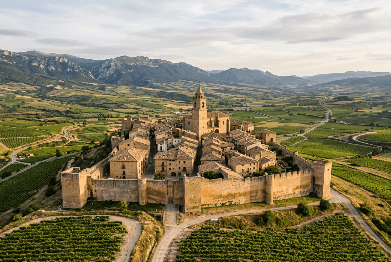 Medieval hilltop village of Laguardia overlooking vineyards in Rioja Alavesa, Spain