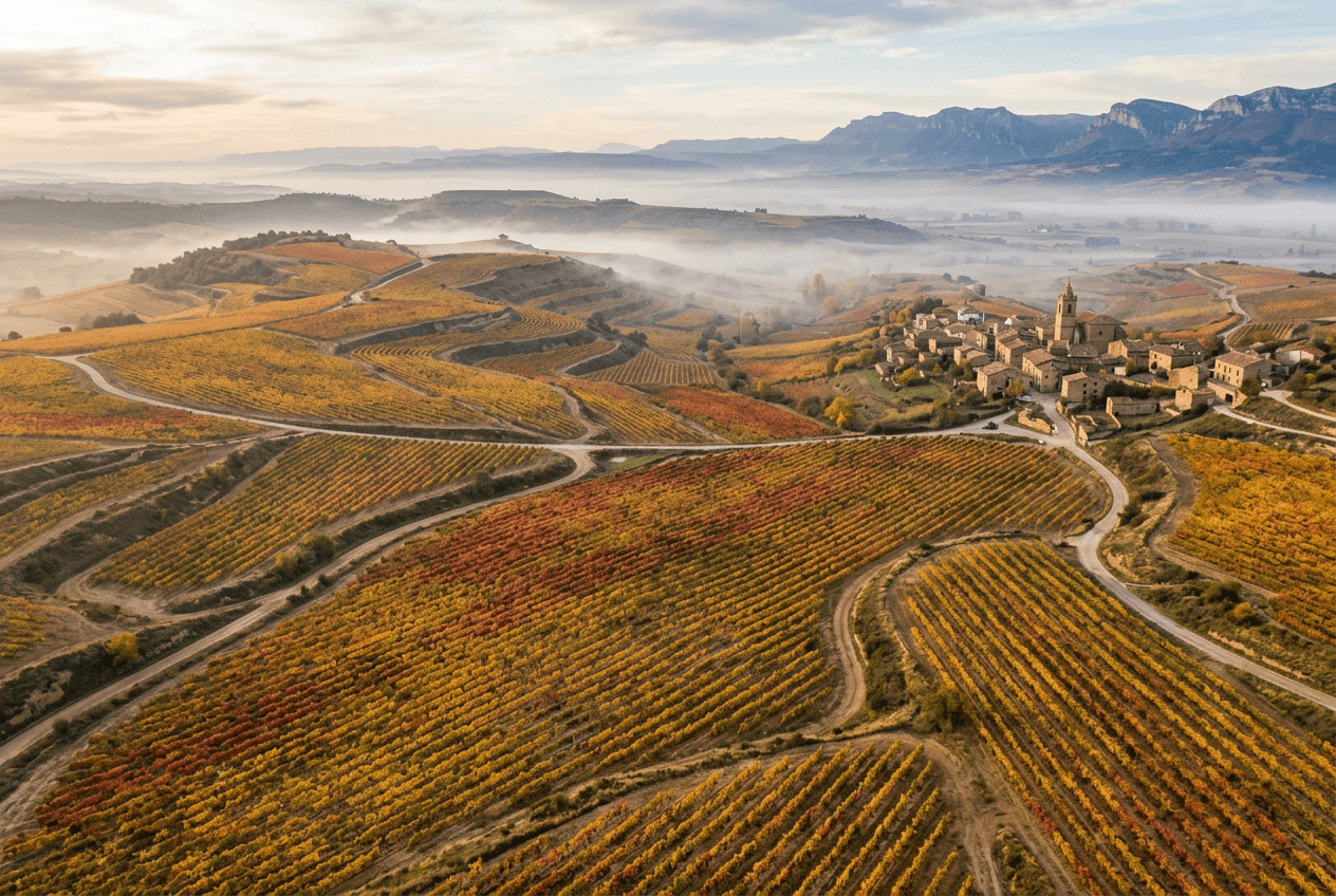 Autumn vineyard harvest landscape in La Rioja, Spain with rolling hills